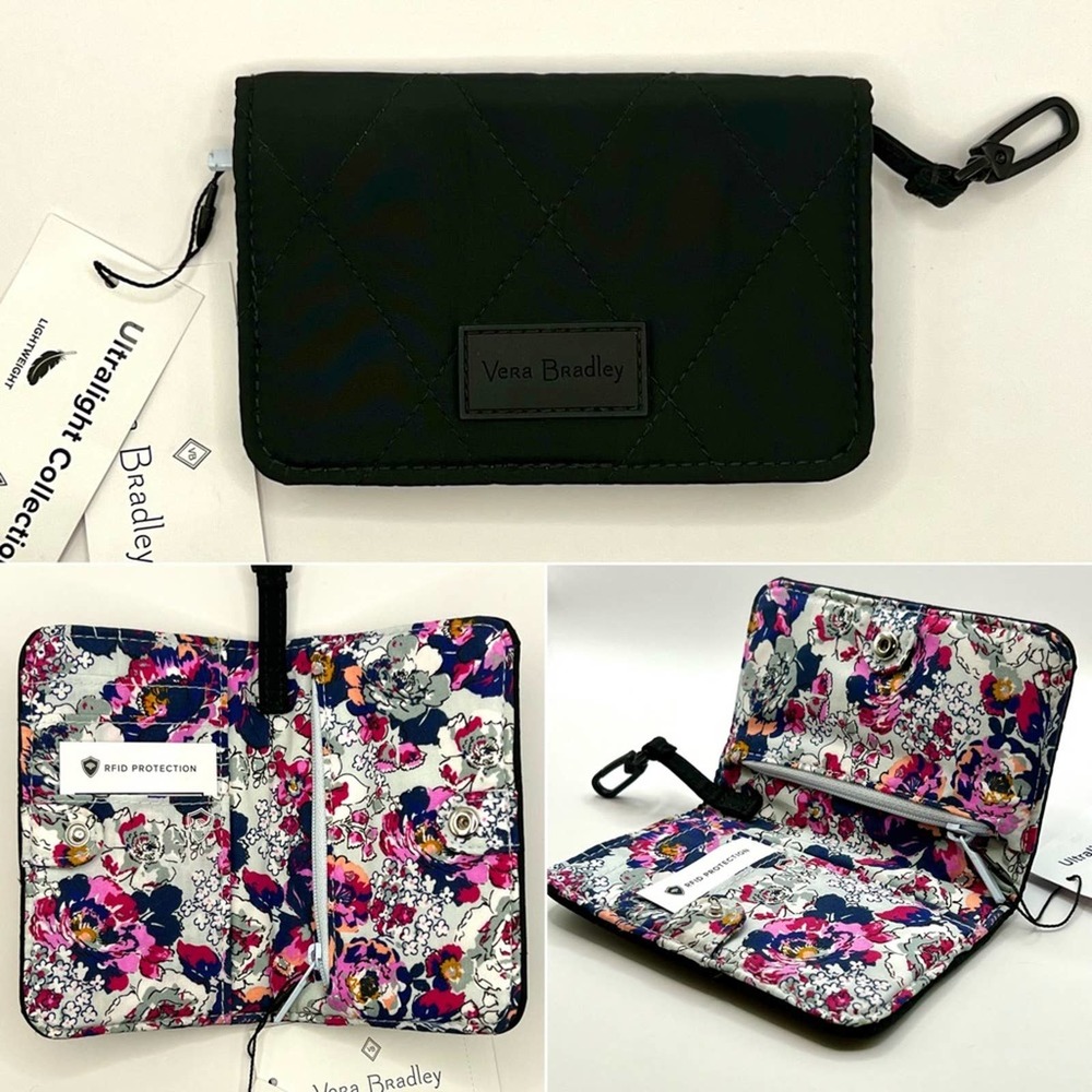 Vera Bradley Ultralight Black and Floral RDIF Bifold Wallet NWT
